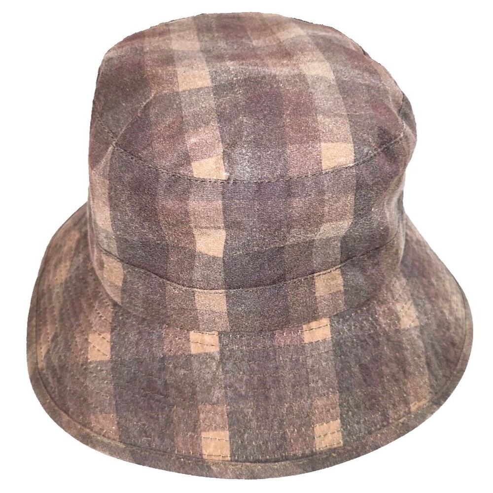Barbour Country Clothing waxed cotton brown khaki plaid check bucket hat, size L